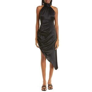 Cinq a Sept Naya Ruched Asymmetric Silk Dress Black Womens Size 8